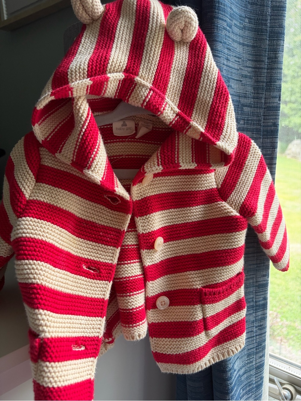 GAP Red and Cream Striped Hooded Knit Jacket with Ears